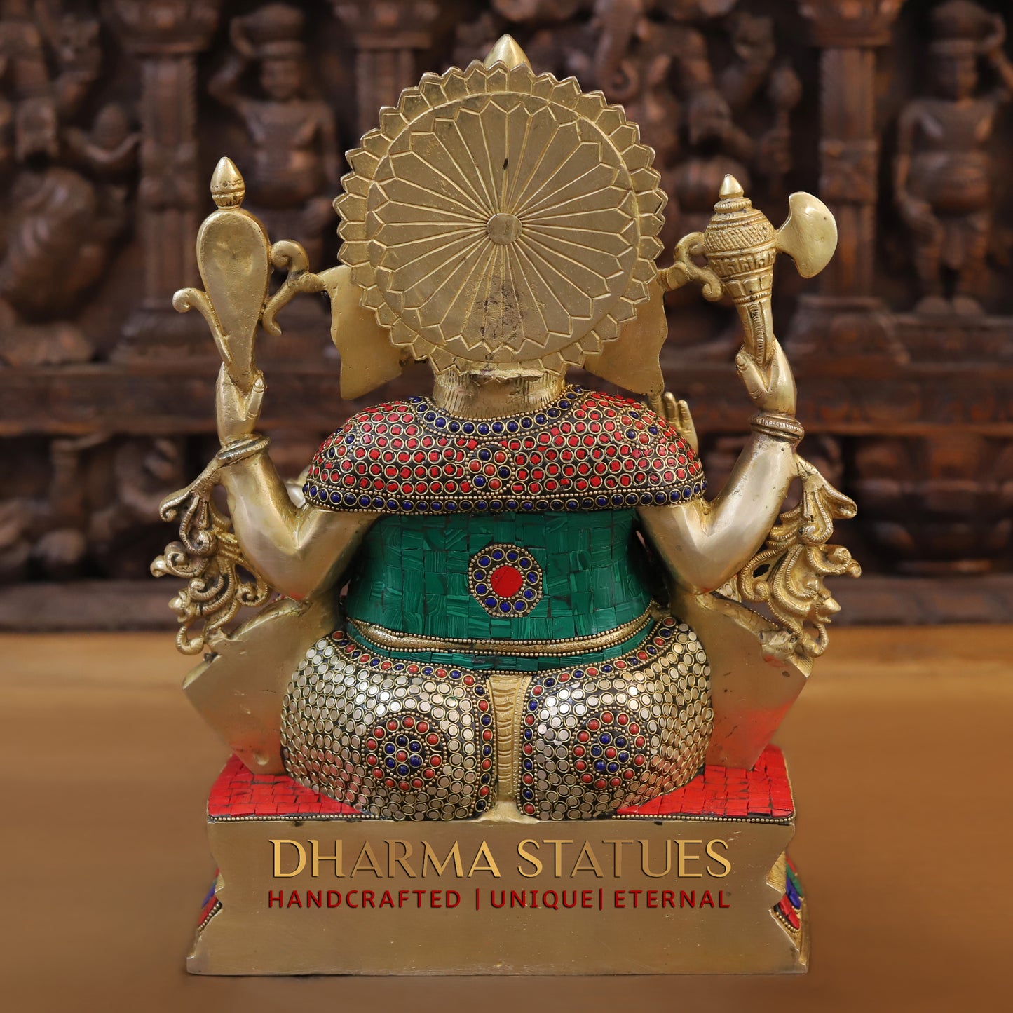 Brass Ganesh seated on Base, Blessing Posture, Golden & Stonework, 15.5"