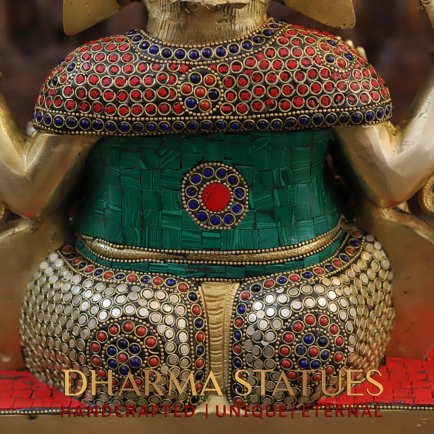 Brass Ganesh seated on Base, Blessing Posture, Golden & Stonework, 15.5"