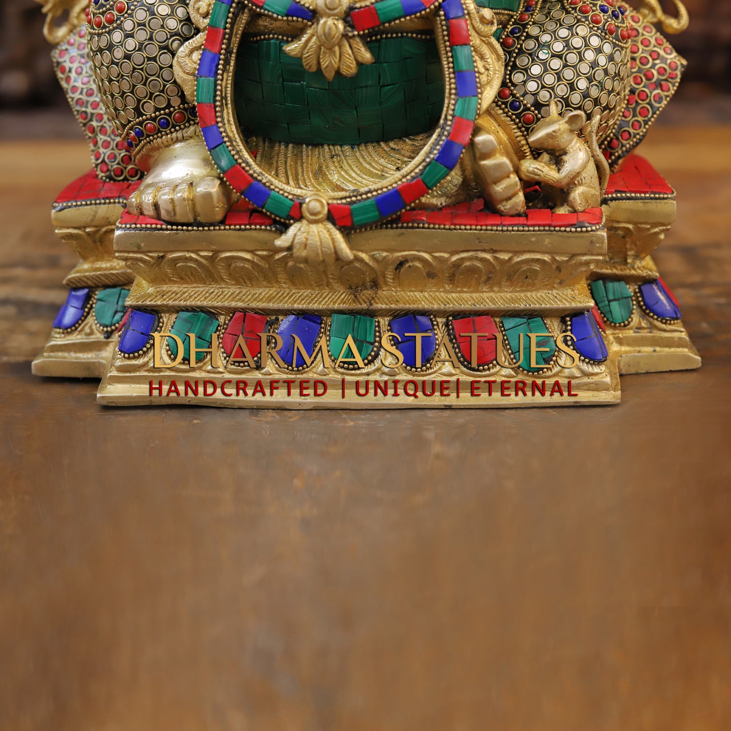 Brass Ganesh seated on Base, Blessing Posture, Golden & Stonework, 15.5"