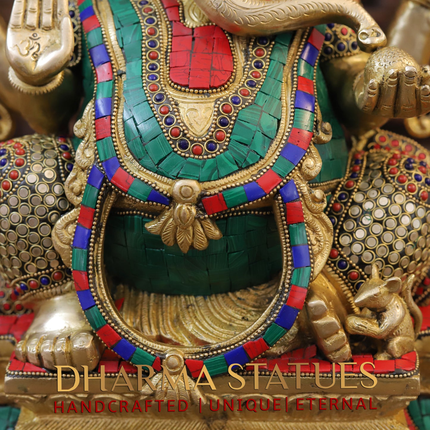 Brass Ganesh seated on Base, Blessing Posture, Golden & Stonework, 15.5"