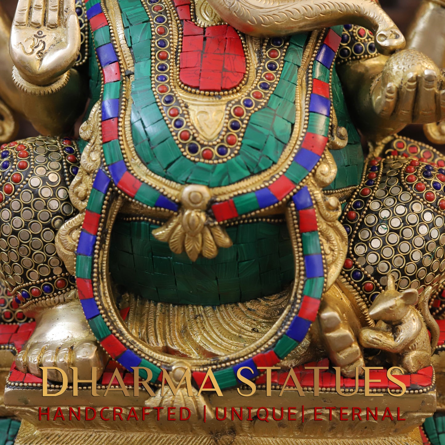 Brass Ganesh seated on Base, Blessing Posture, Golden & Stonework, 15.5"