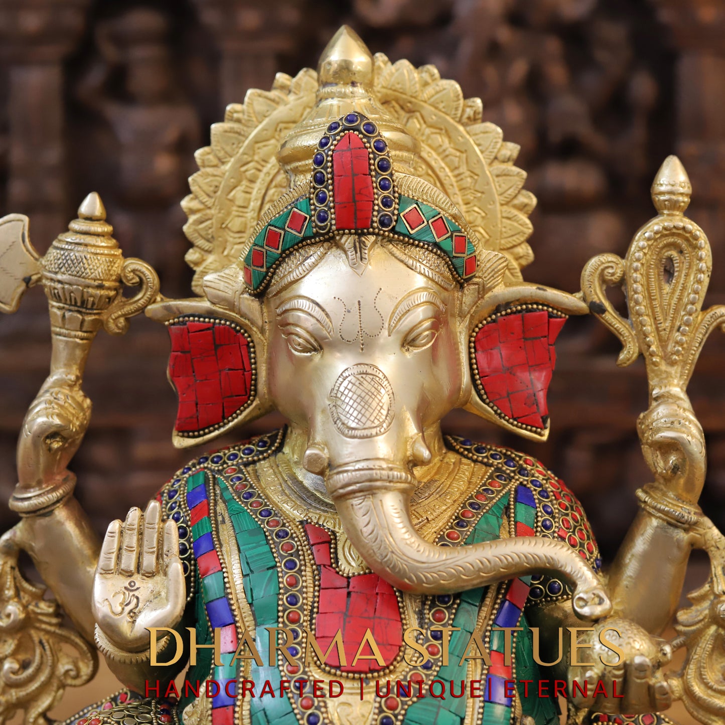 Brass Ganesh seated on Base, Blessing Posture, Golden & Stonework, 15.5"