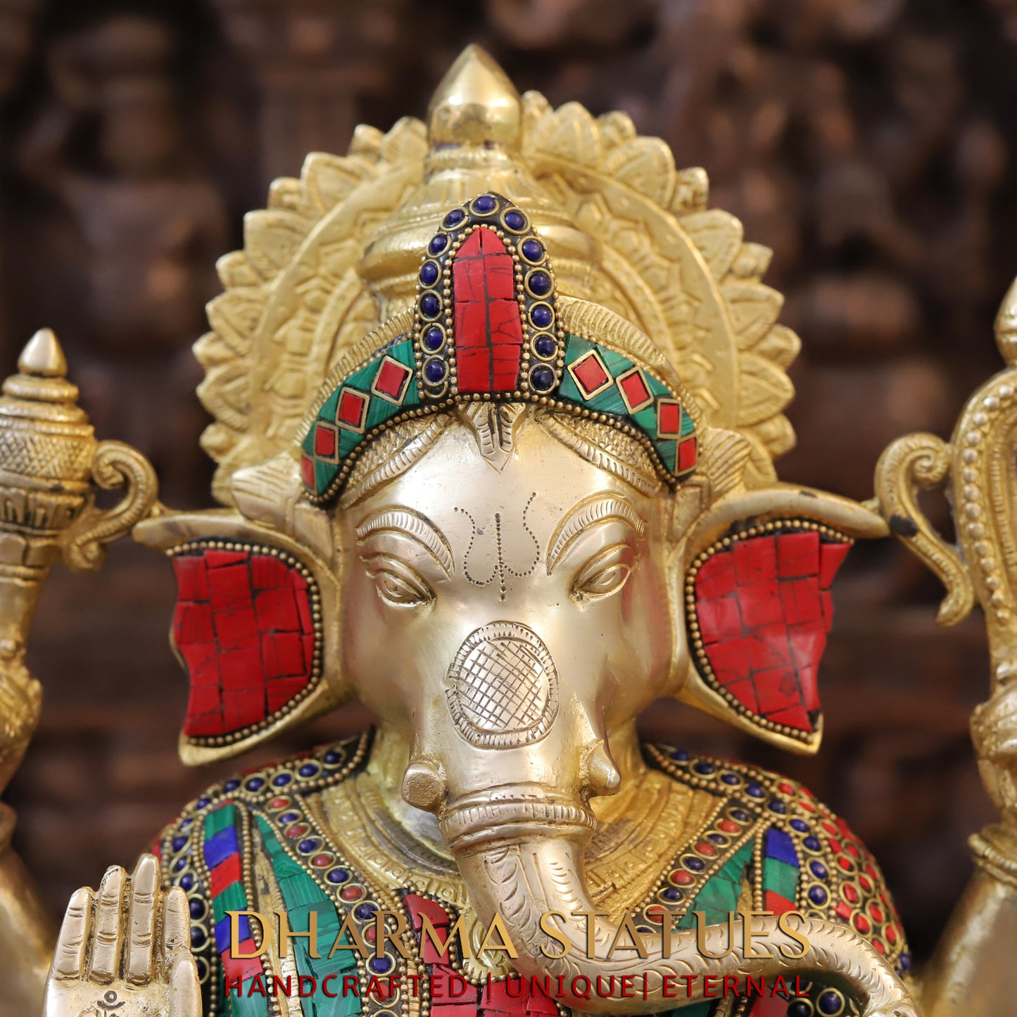 Brass Ganesh seated on Base, Blessing Posture, Golden & Stonework, 15.5"