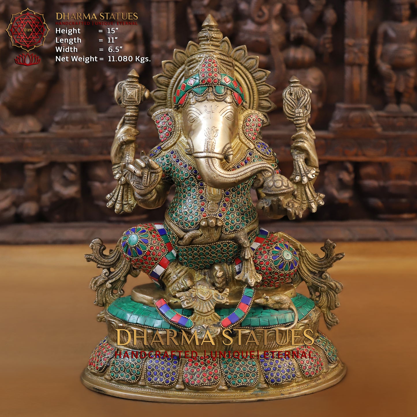Brass Ganesh seated on Base, Fine Golden Finish & Stonework, 15"