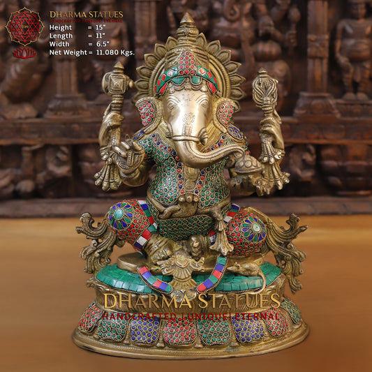Brass Ganesh seated on Base, Fine Golden Finish & Stonework, 15"