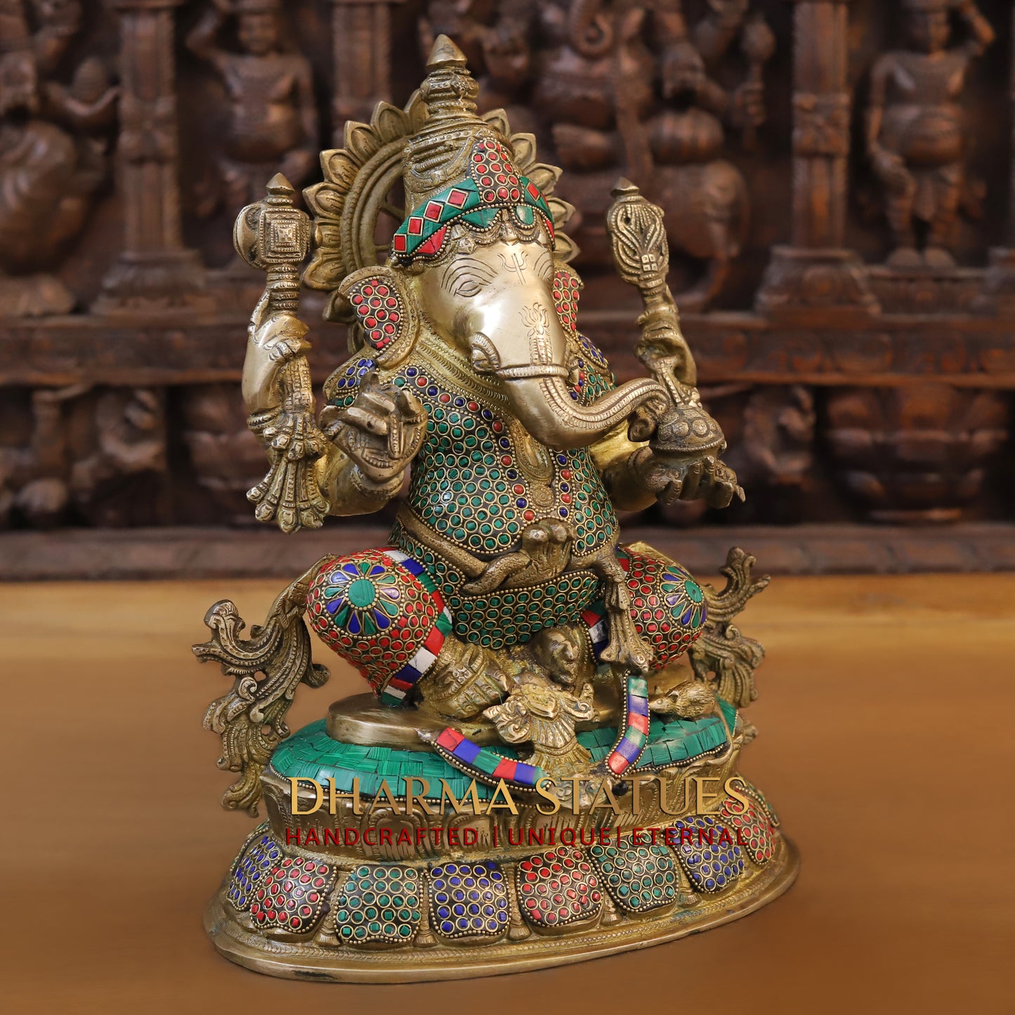 Brass Ganesh seated on Base, Fine Golden Finish & Stonework, 15"