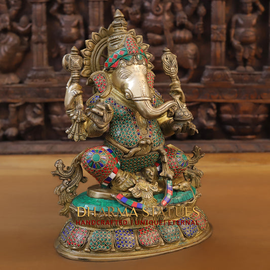 Brass Ganesh seated on Base, Fine Golden Finish & Stonework, 15"