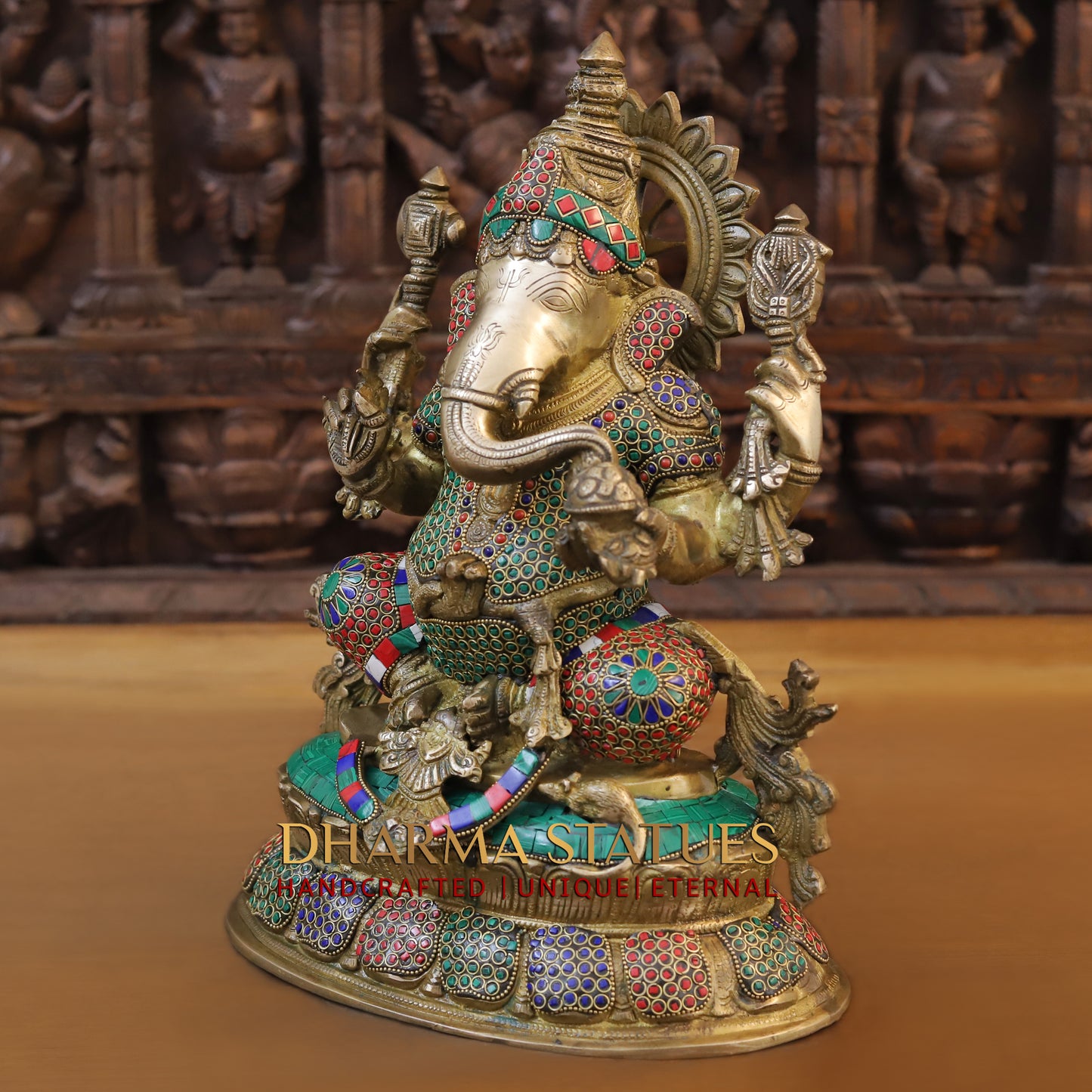 Brass Ganesh seated on Base, Fine Golden Finish & Stonework, 15"
