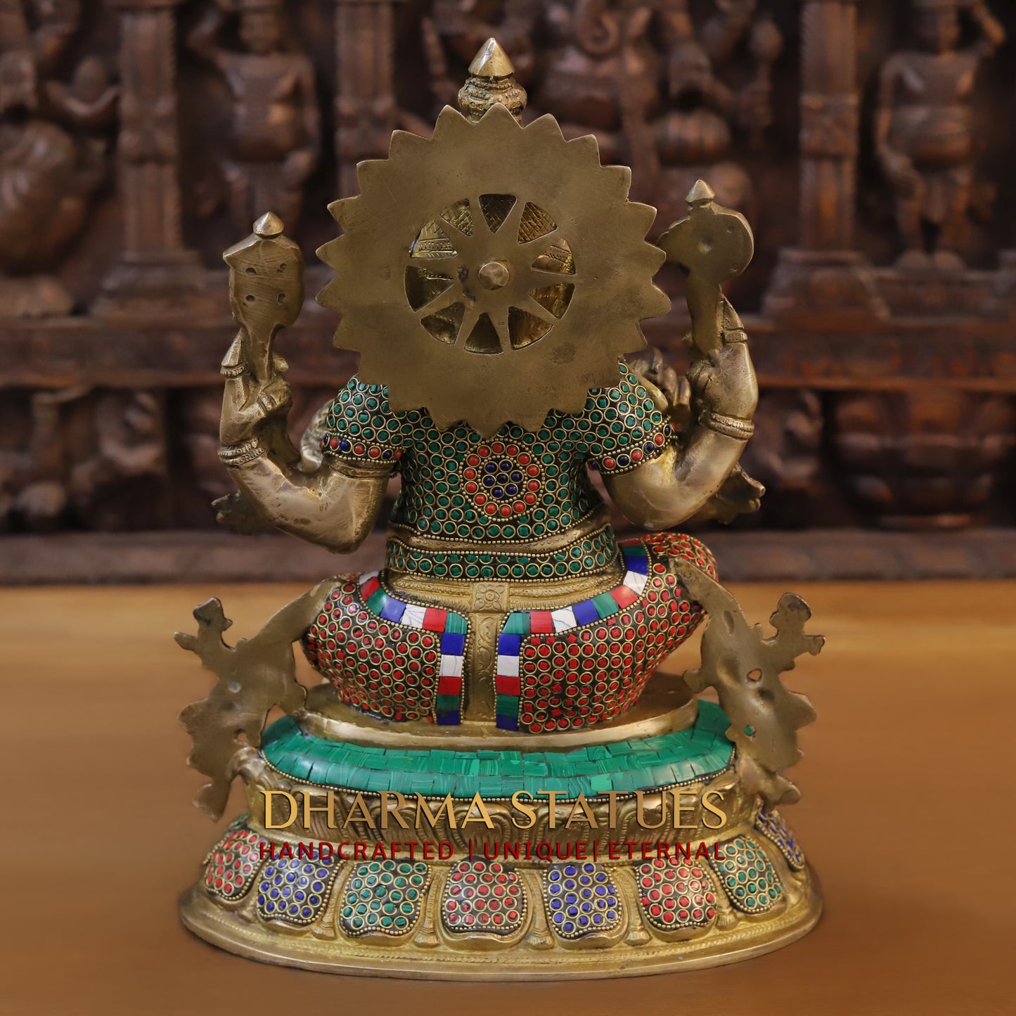 Brass Ganesh seated on Base, Fine Golden Finish & Stonework, 15"