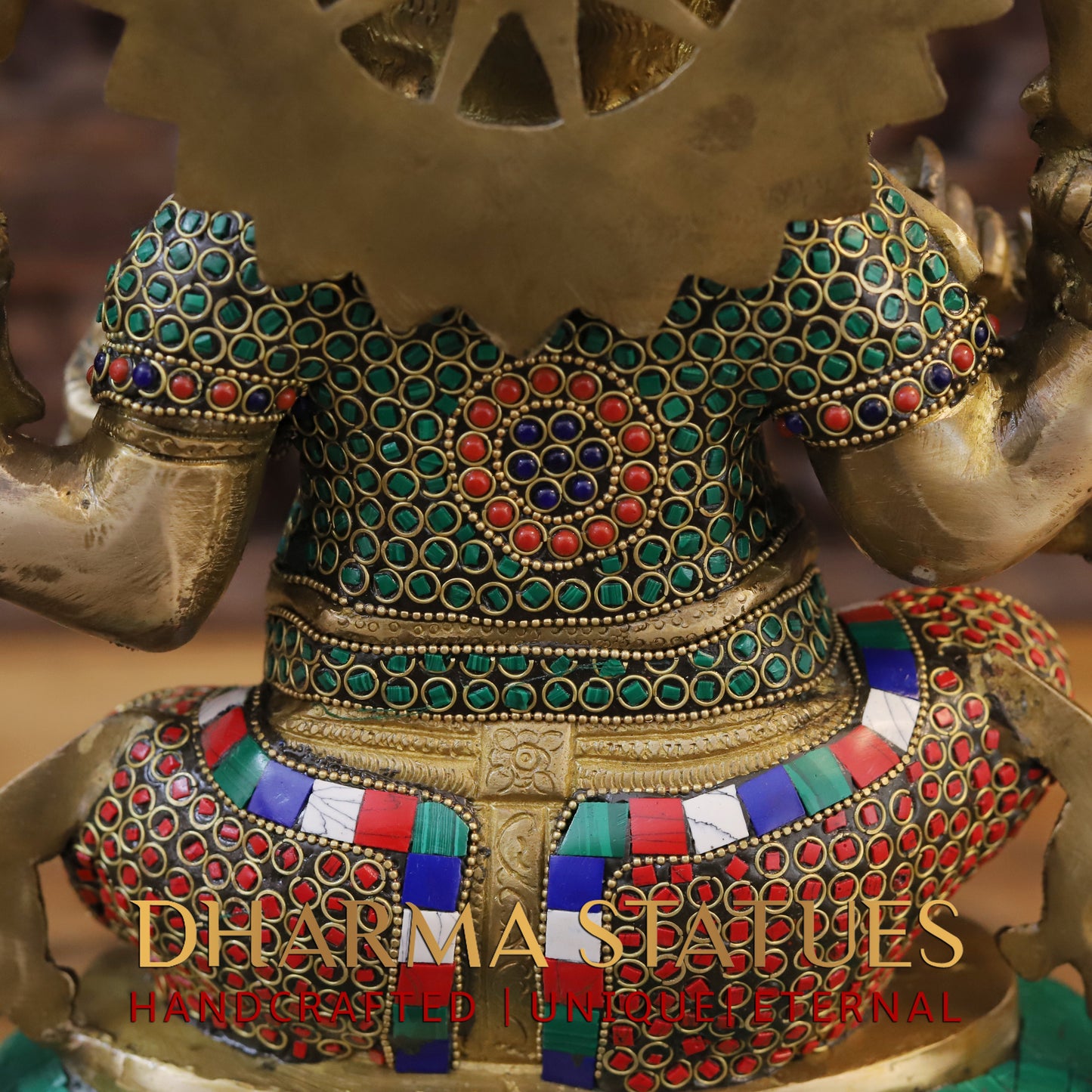 Brass Ganesh seated on Base, Fine Golden Finish & Stonework, 15"