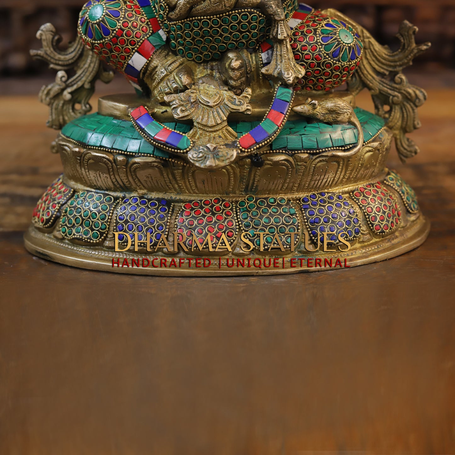 Brass Ganesh seated on Base, Fine Golden Finish & Stonework, 15"