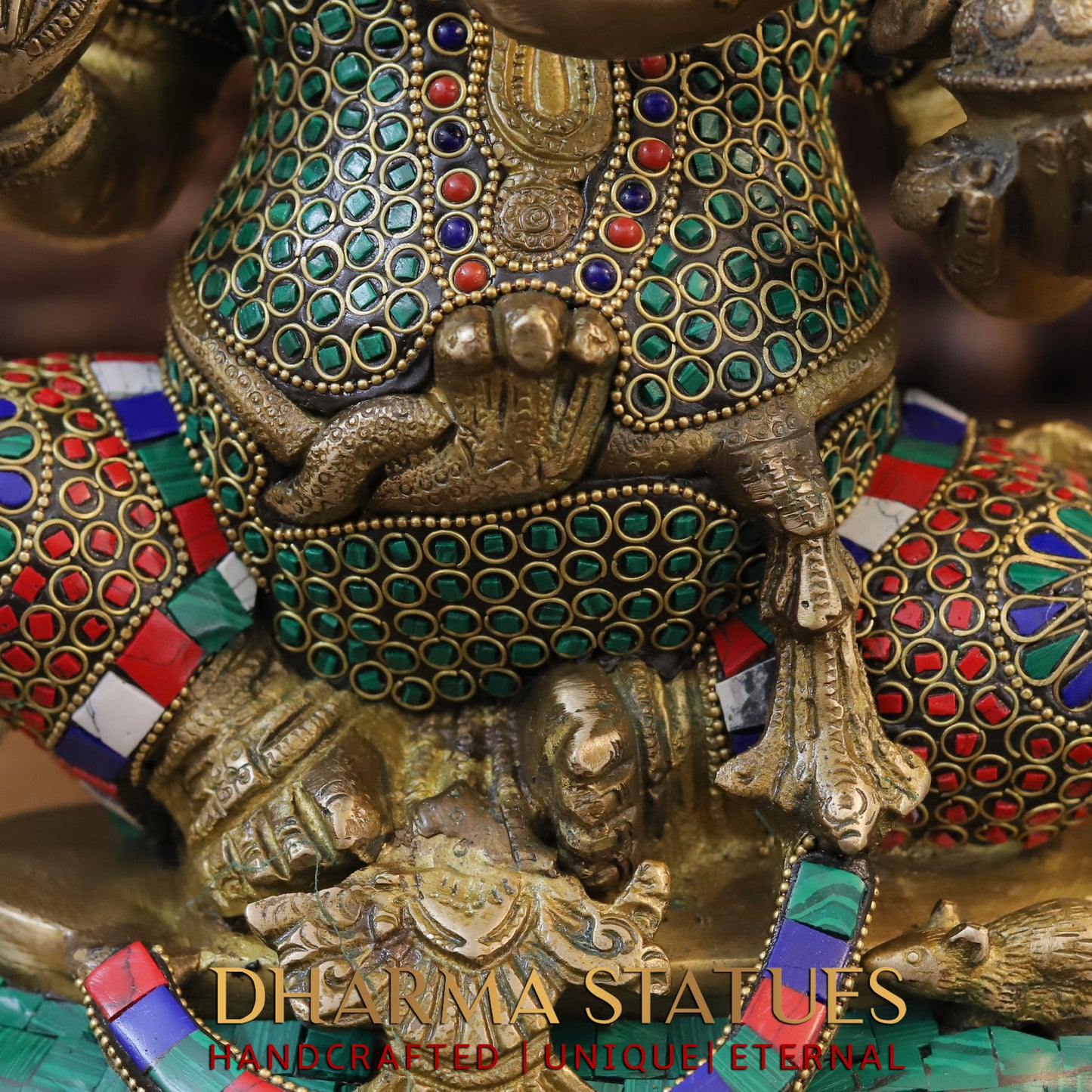 Brass Ganesh seated on Base, Fine Golden Finish & Stonework, 15"