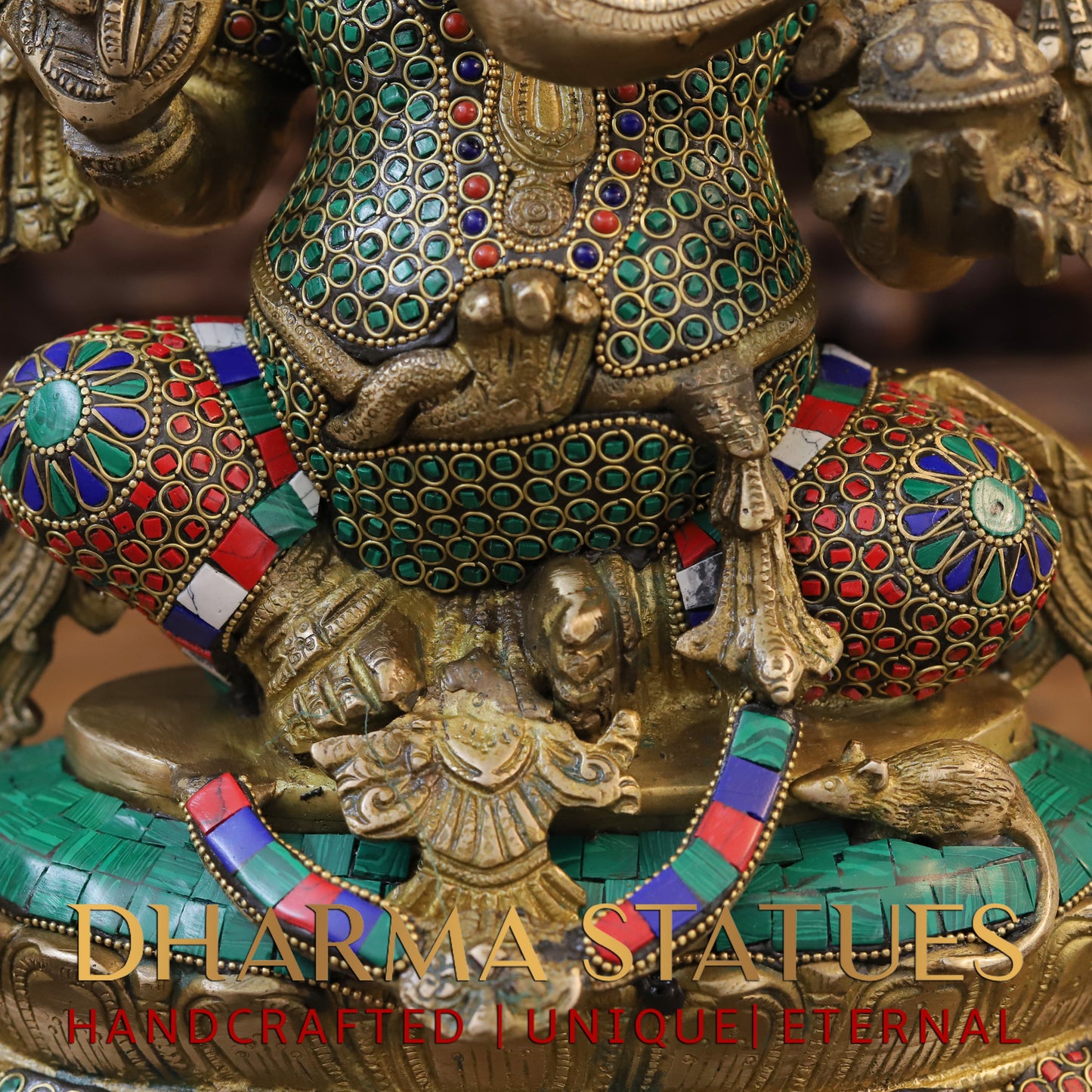 Brass Ganesh seated on Base, Fine Golden Finish & Stonework, 15"