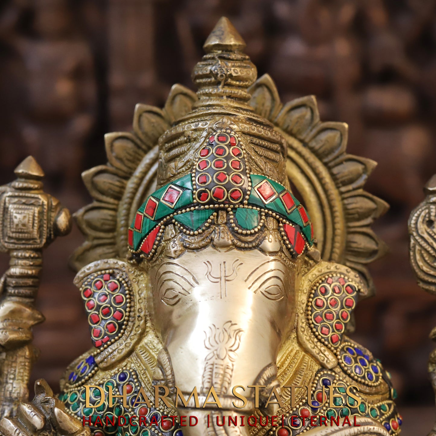Brass Ganesh seated on Base, Fine Golden Finish & Stonework, 15"