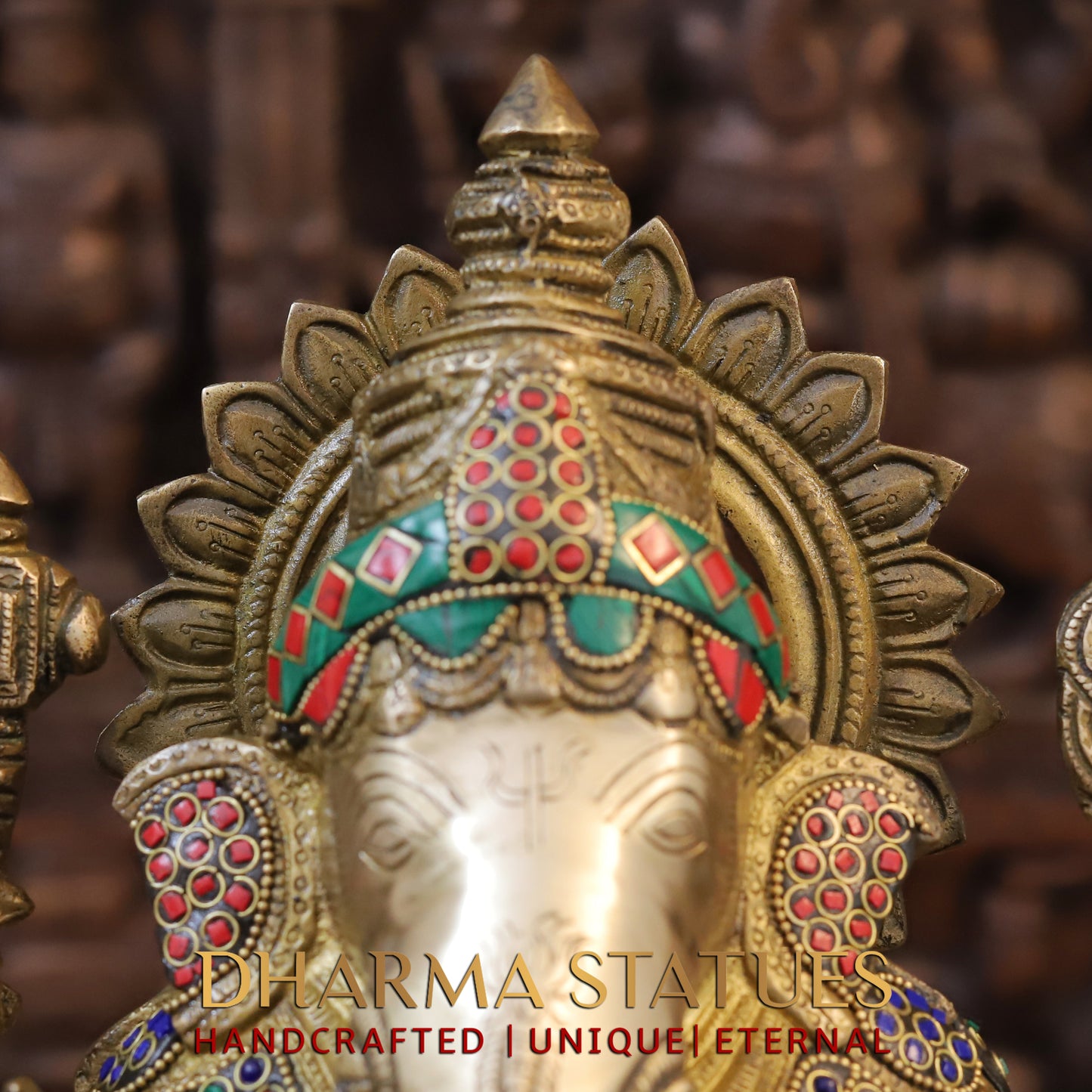 Brass Ganesh seated on Base, Fine Golden Finish & Stonework, 15"