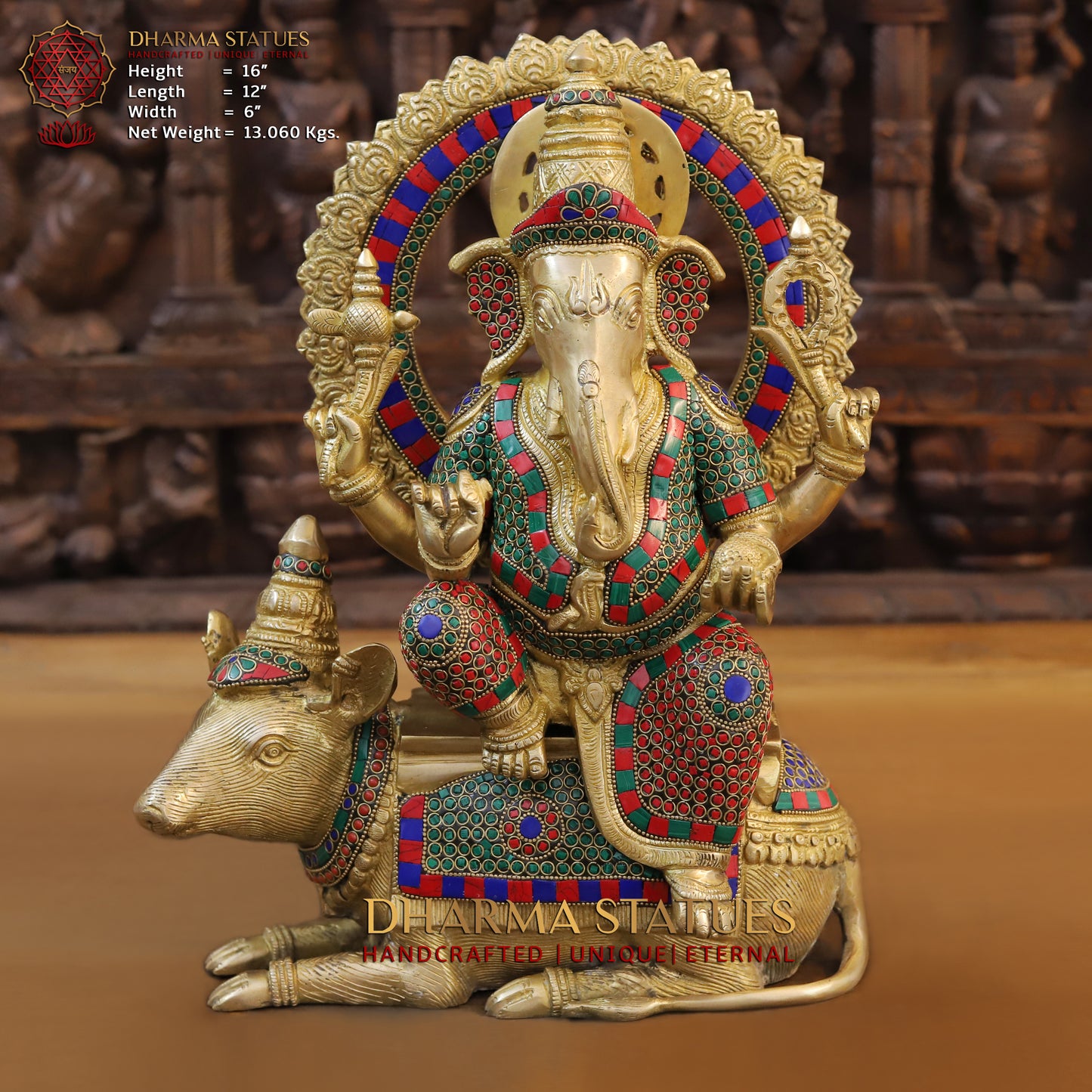 Brass Ganesh seated on Rat, Golden & Stonework, 16"