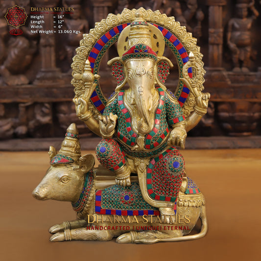 Brass Ganesh seated on Rat, Golden & Stonework, 16"