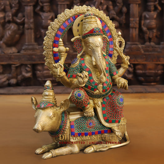Brass Ganesh seated on Rat, Golden & Stonework, 16"