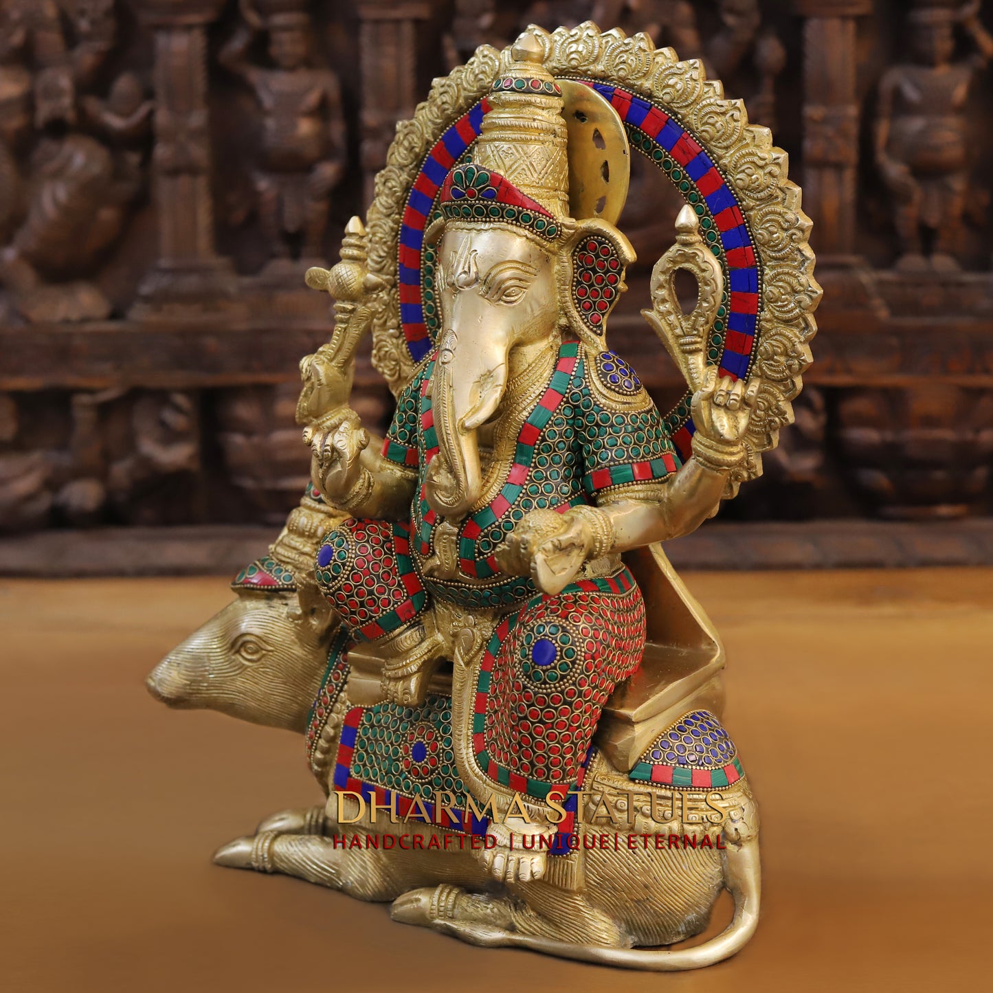 Brass Ganesh seated on Rat, Golden & Stonework, 16"