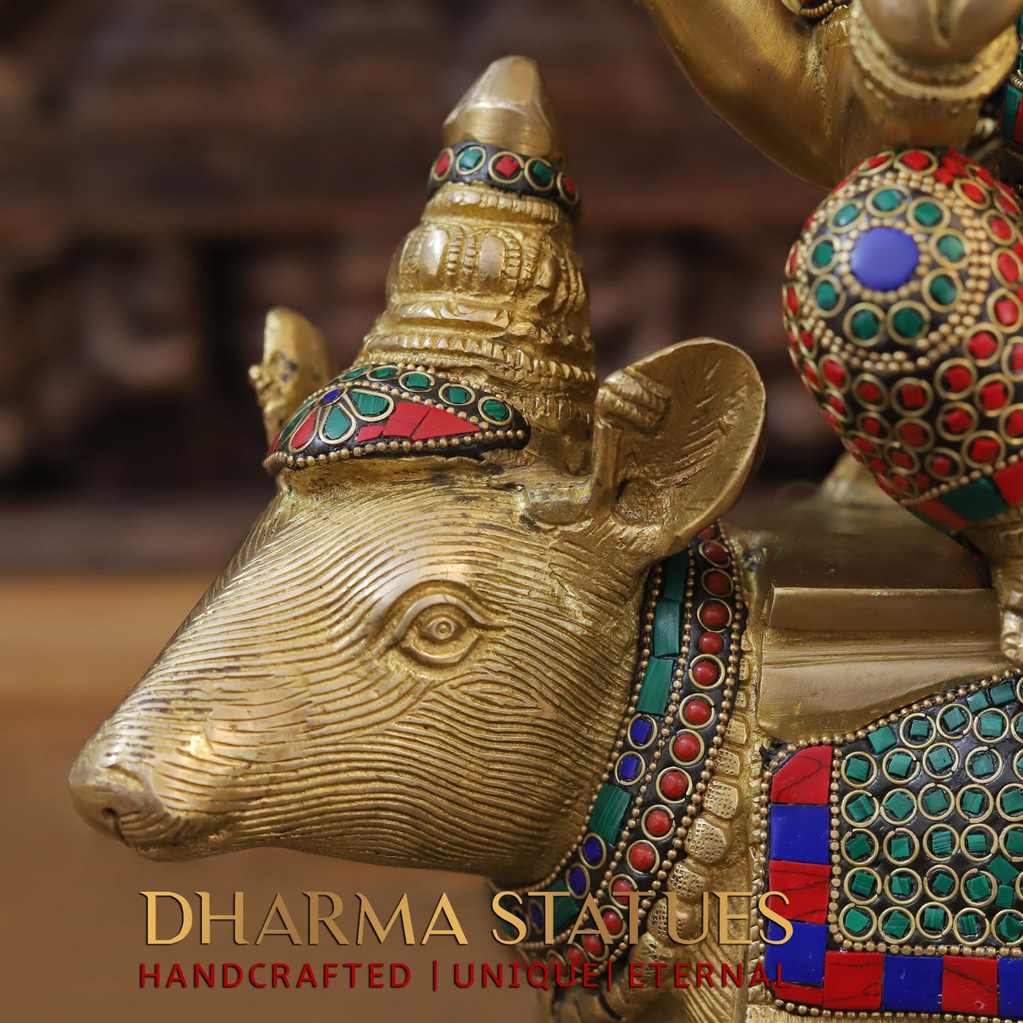 Brass Ganesh seated on Rat, Golden & Stonework, 16"