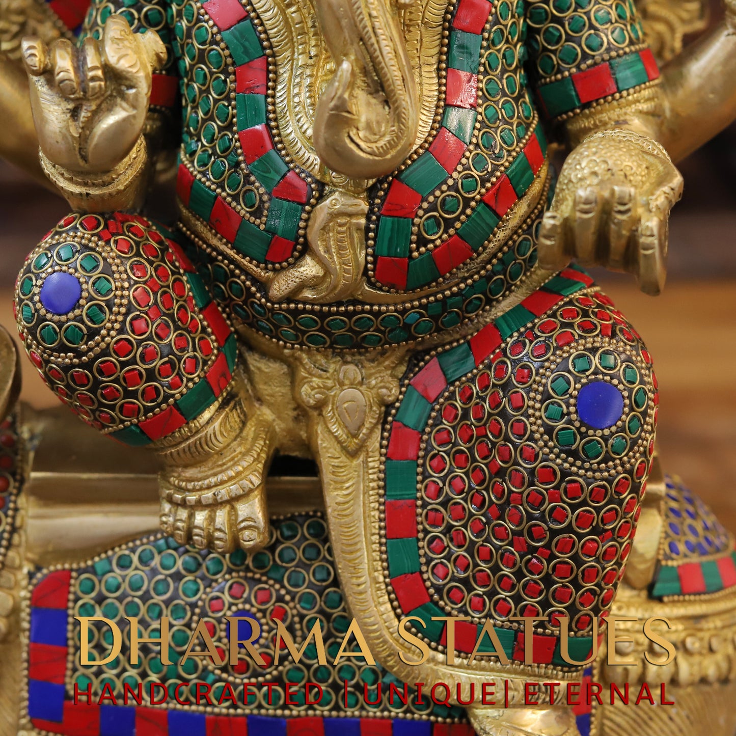 Brass Ganesh seated on Rat, Golden & Stonework, 16"