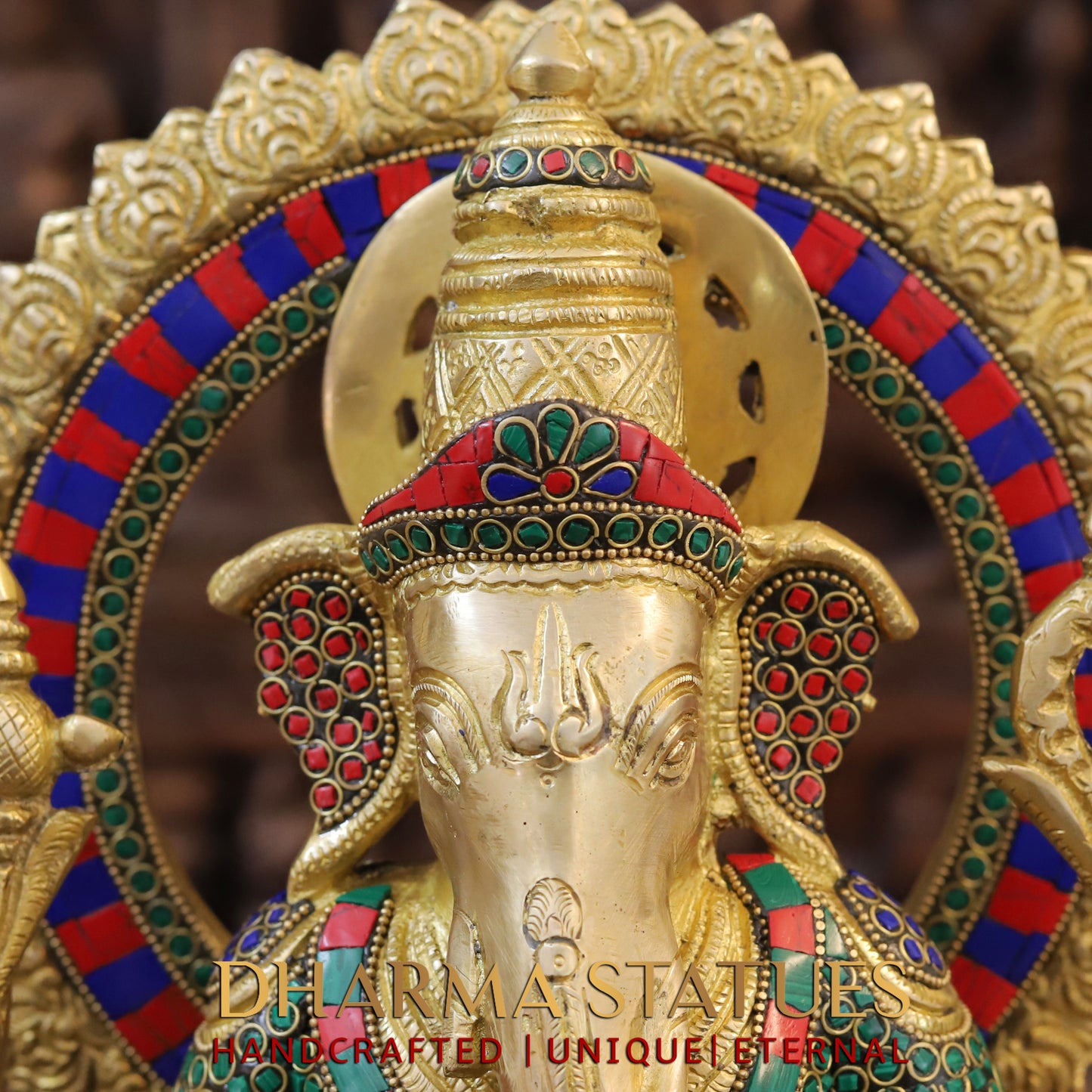 Brass Ganesh seated on Rat, Golden & Stonework, 16"