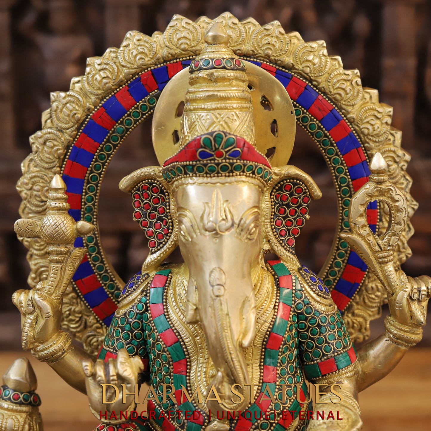 Brass Ganesh seated on Rat, Golden & Stonework, 16"