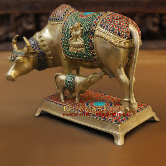 Brass Cow With Calf Standing on Chowki, Lakshmi Ji Engraved, Golden Finish & Stonework, 8"