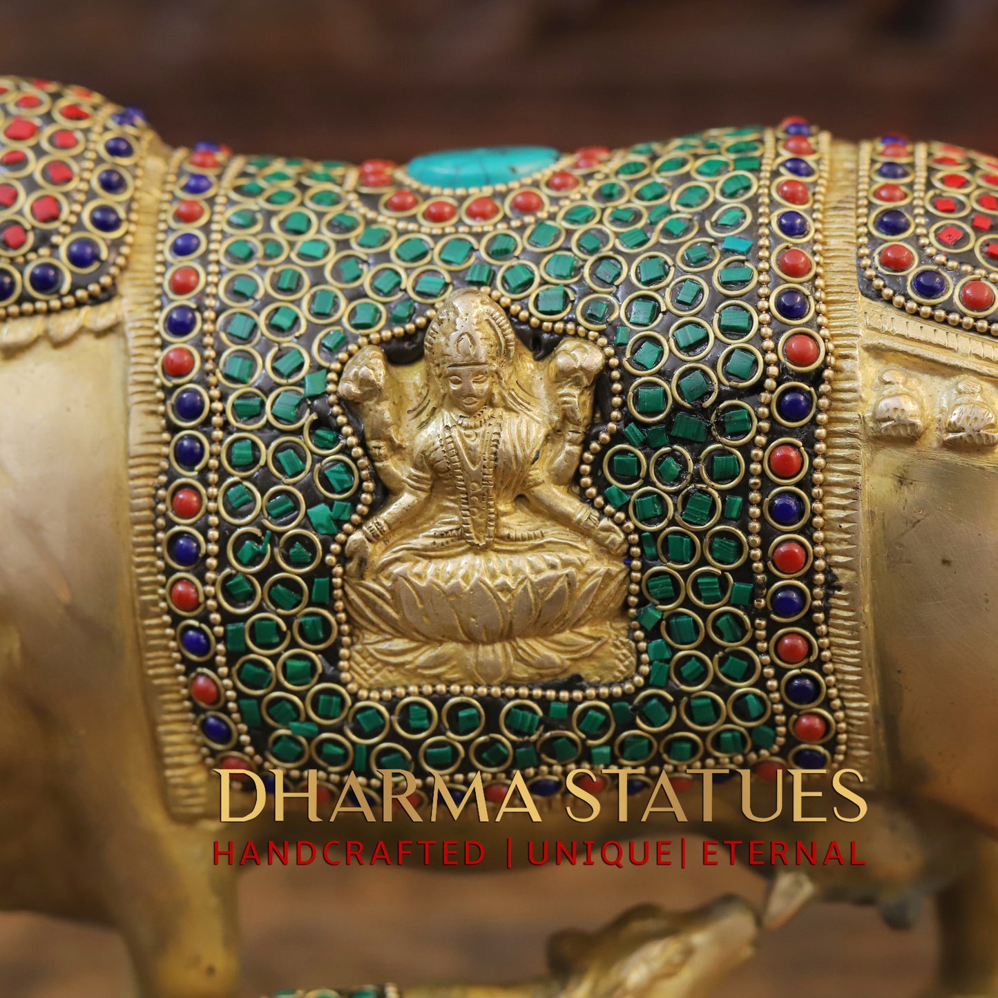 Brass Cow With Calf Standing on Chowki, Lakshmi Ji Engraved, Golden Finish & Stonework, 8"