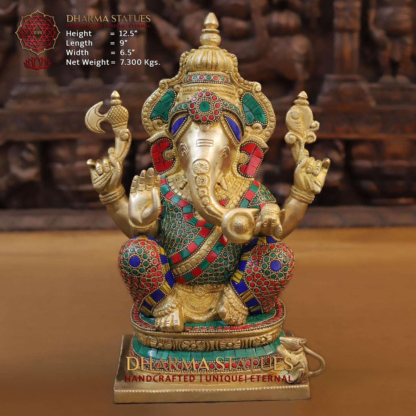 Brass Ganesh seated on Base, Blessing Posture, Golden & Stonework, 12.5