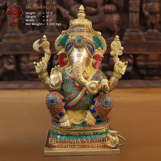Brass Ganesh seated on Base, Blessing Posture, Golden & Stonework, 12.5