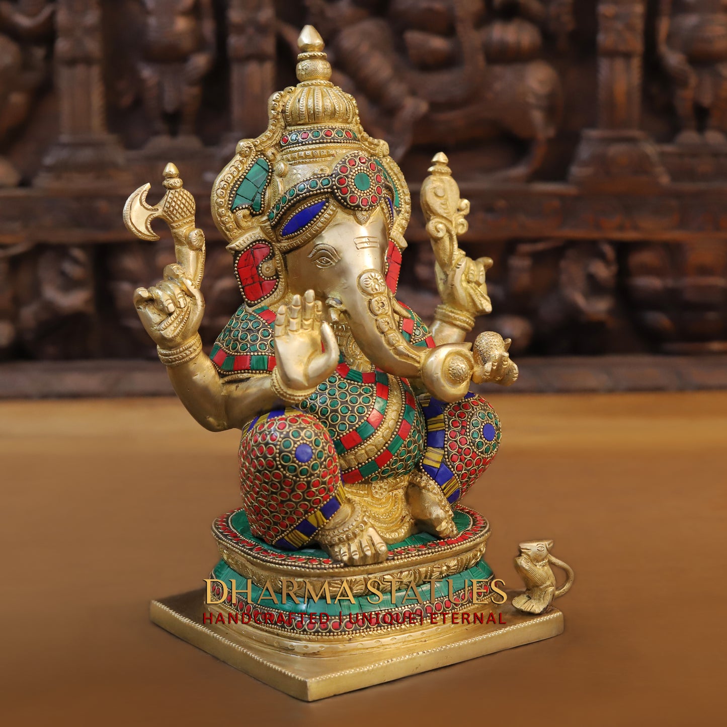 Brass Ganesh seated on Base, Blessing Posture, Golden & Stonework, 12.5