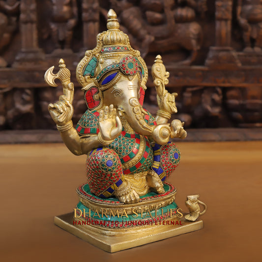 Brass Ganesh seated on Base, Blessing Posture, Golden & Stonework, 12.5