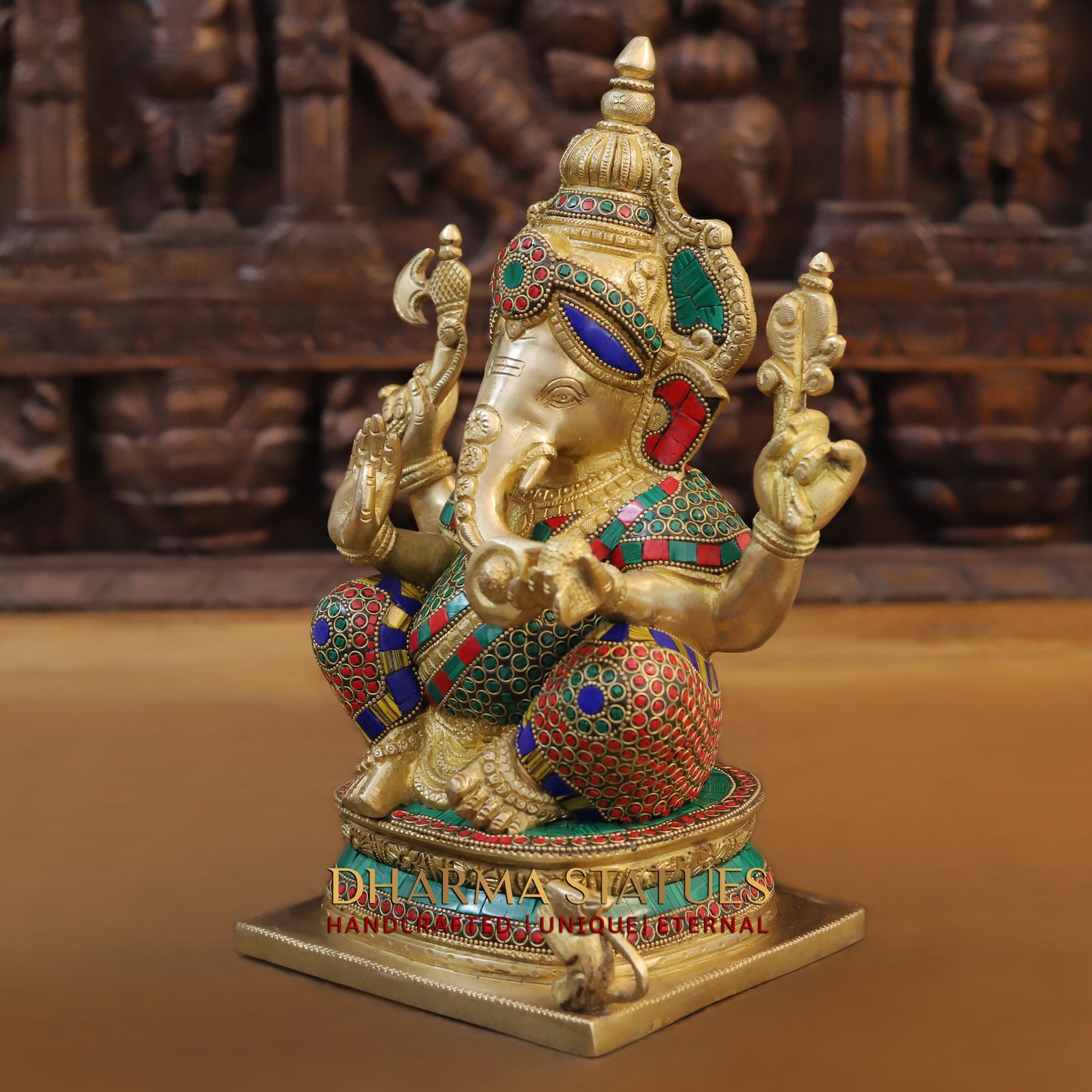 Brass Ganesh seated on Base, Blessing Posture, Golden & Stonework, 12.5