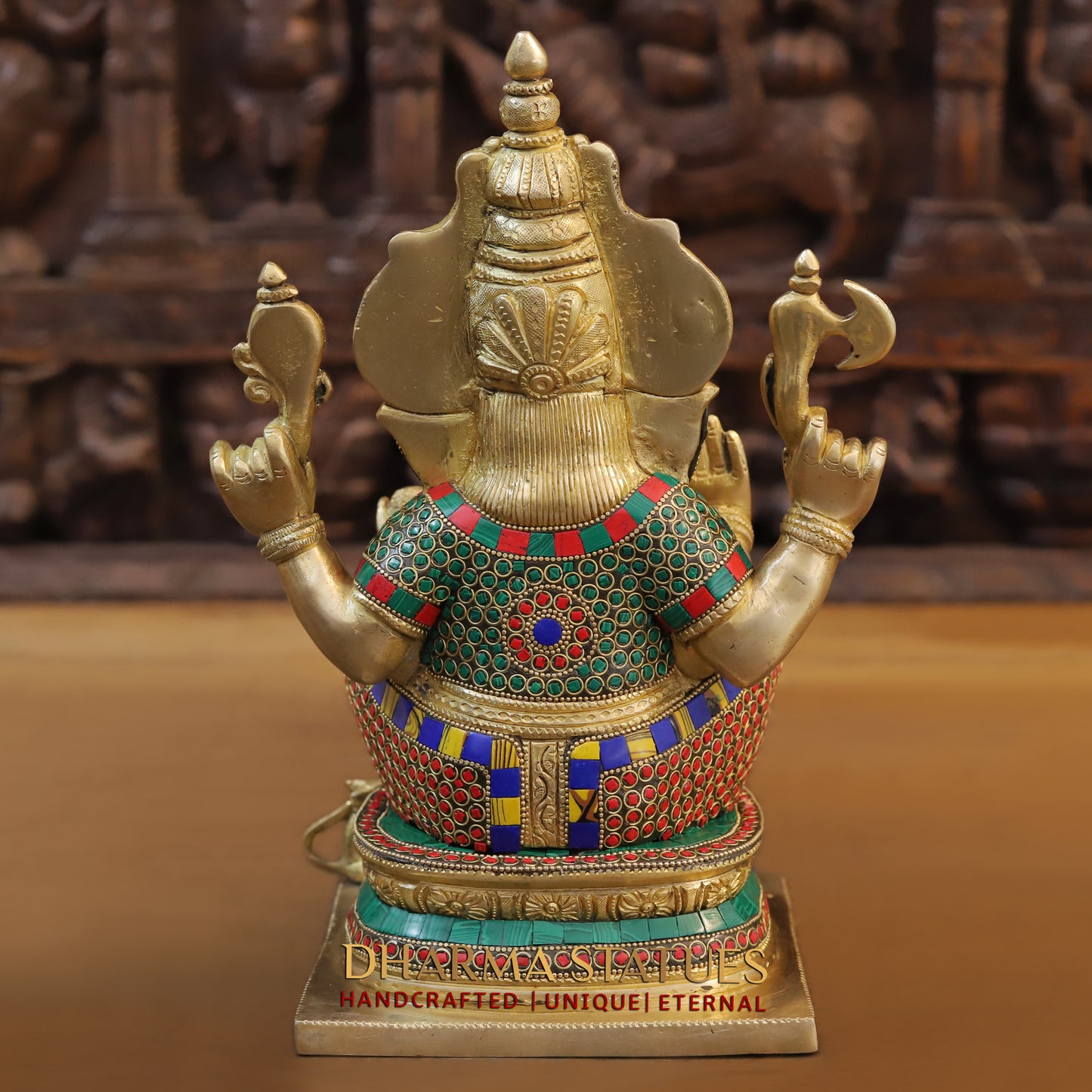 Brass Ganesh seated on Base, Blessing Posture, Golden & Stonework, 12.5