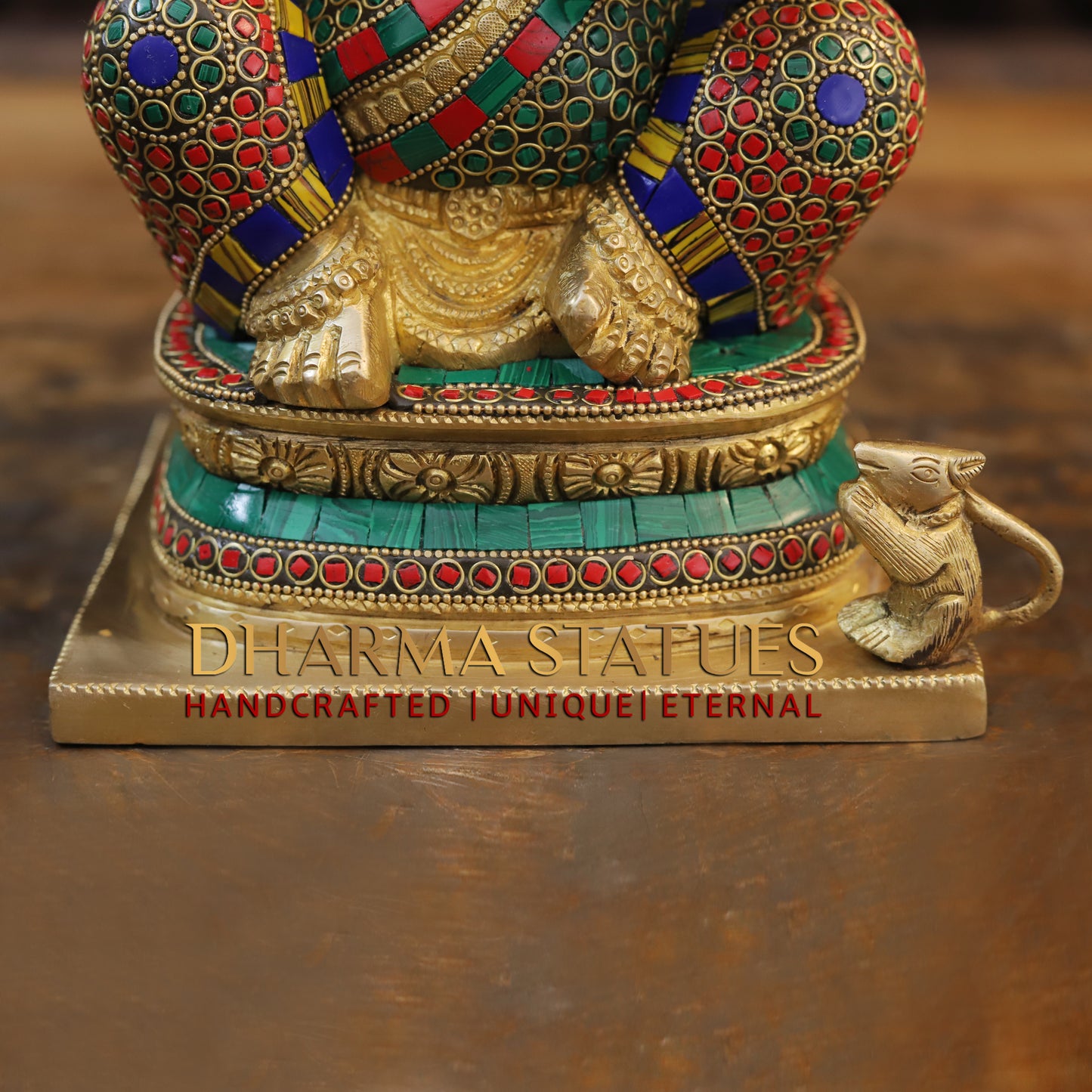 Brass Ganesh seated on Base, Blessing Posture, Golden & Stonework, 12.5