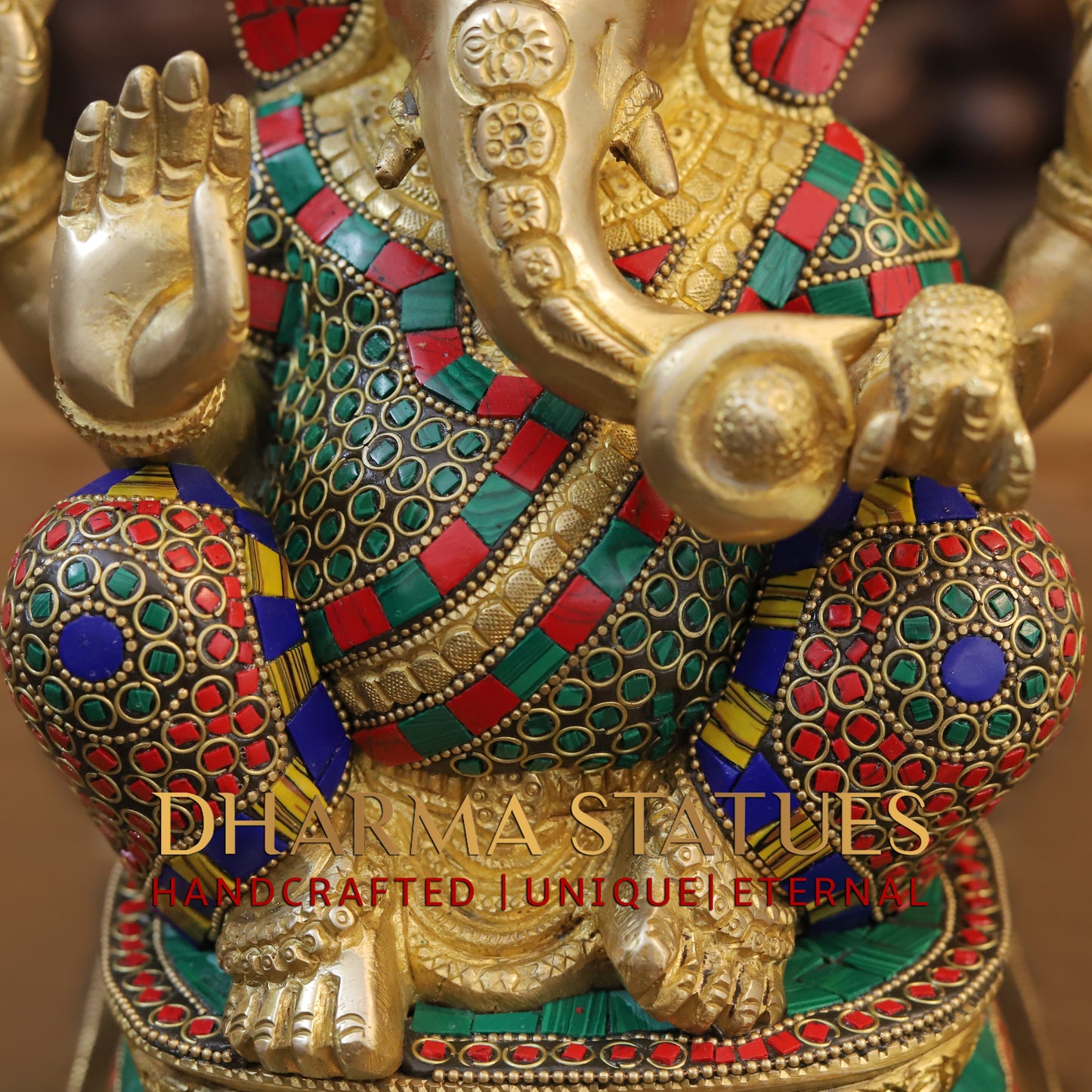 Brass Ganesh seated on Base, Blessing Posture, Golden & Stonework, 12.5