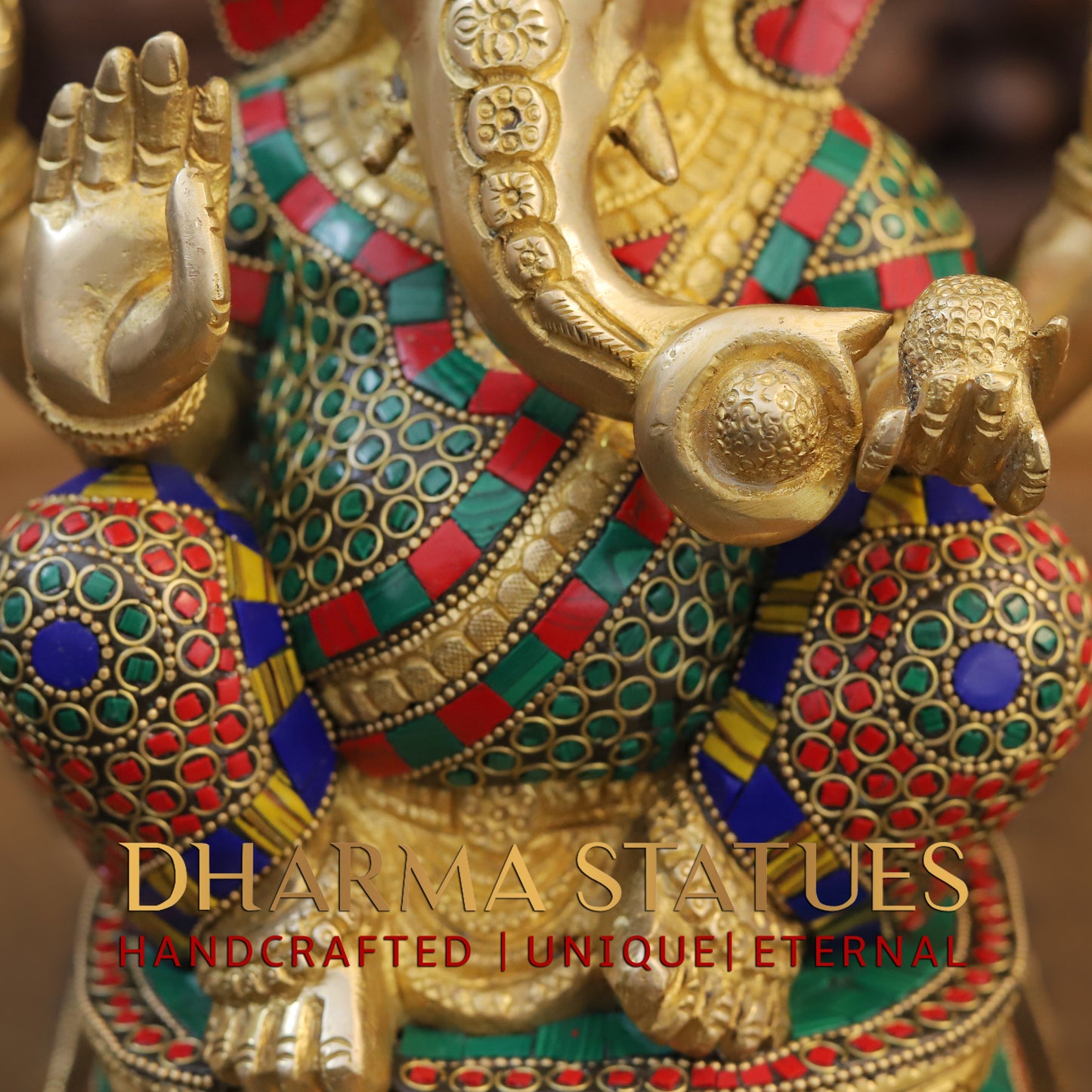 Brass Ganesh seated on Base, Blessing Posture, Golden & Stonework, 12.5