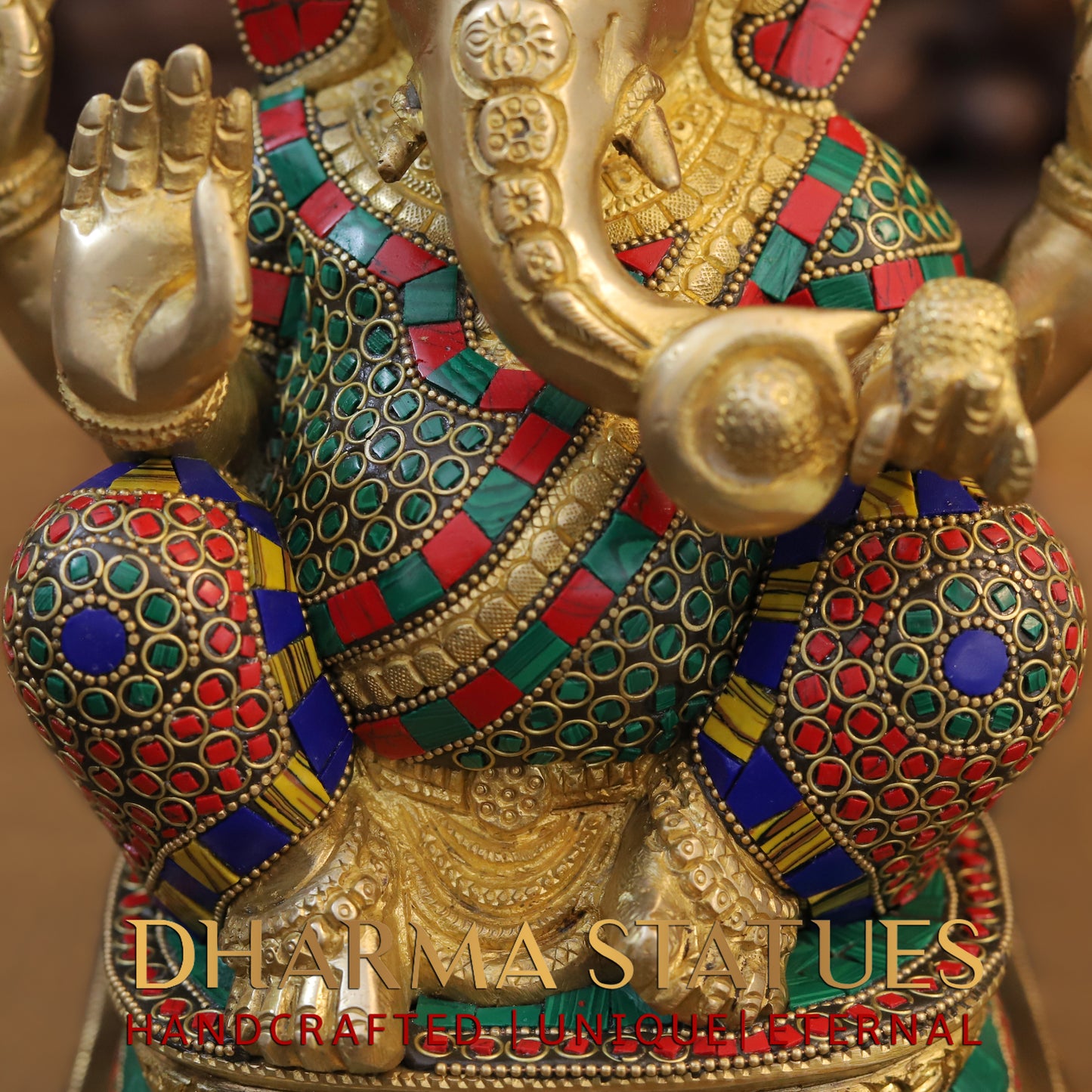 Brass Ganesh seated on Base, Blessing Posture, Golden & Stonework, 12.5