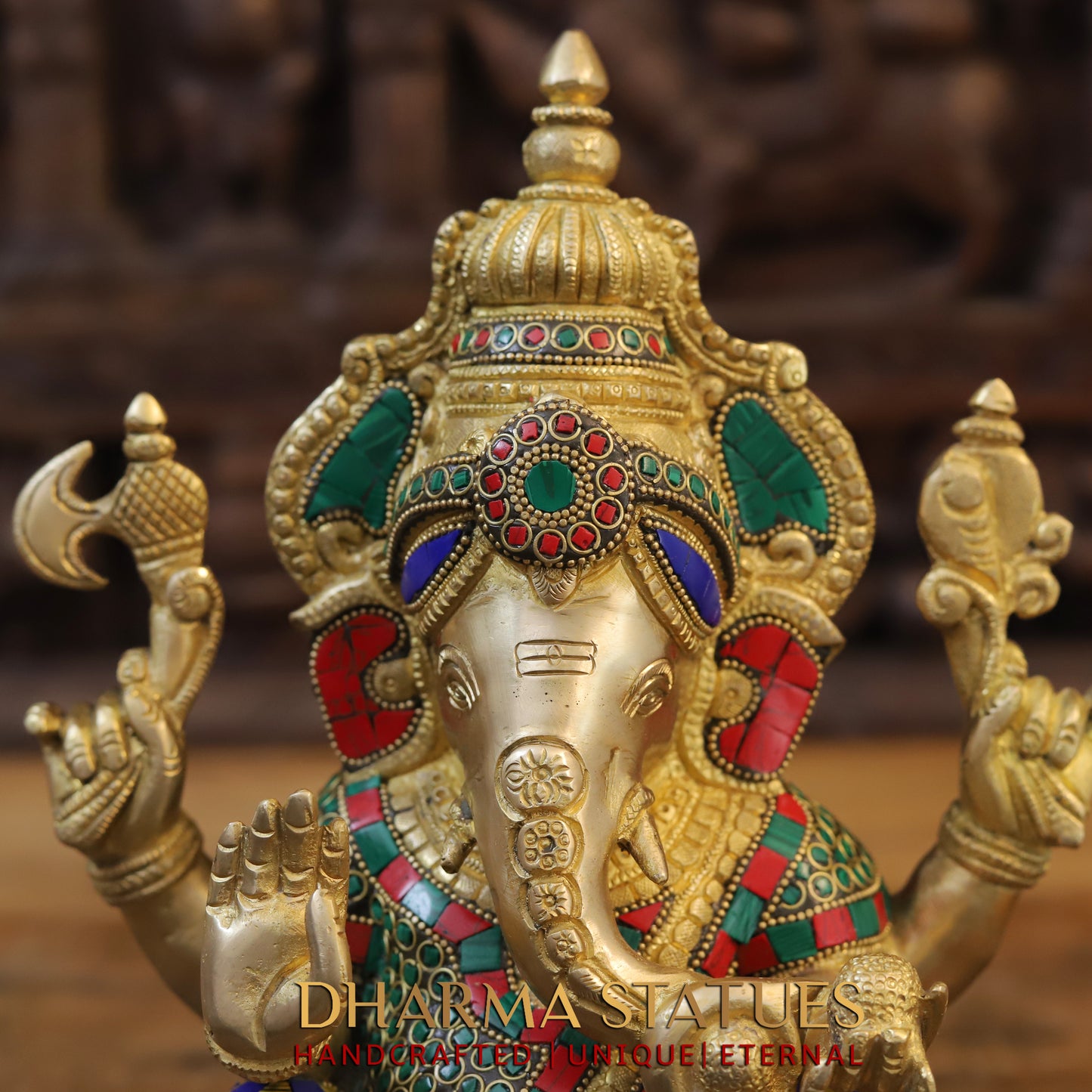 Brass Ganesh seated on Base, Blessing Posture, Golden & Stonework, 12.5