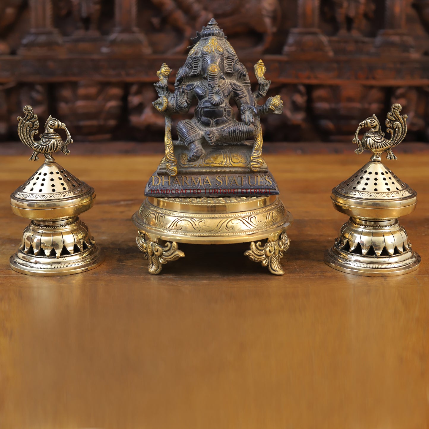 Brass Ganesh 3 face seated, Black Patina & Golden Finish, 7"