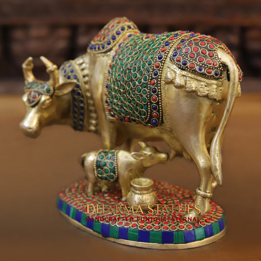Brass Cow With Calf Standing on Base, Golden Finish & Stonework, 7"