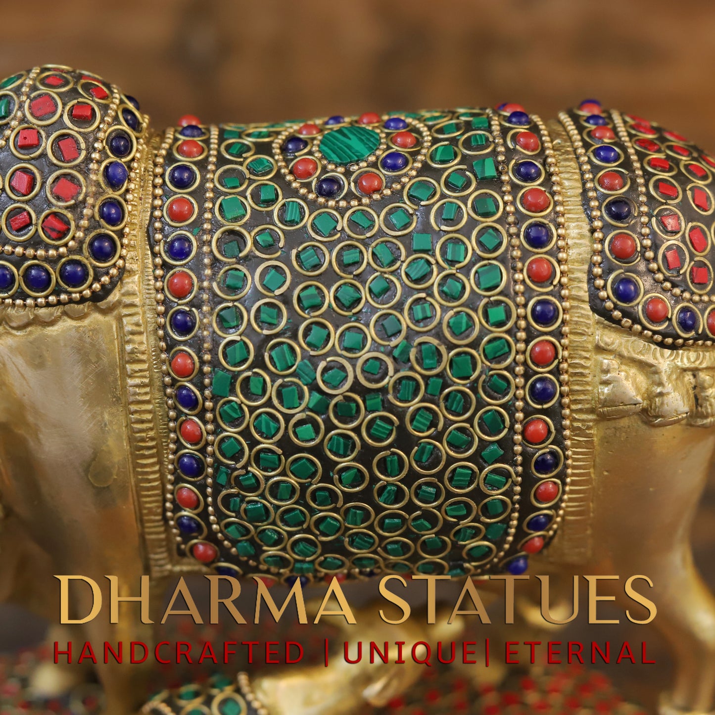 Brass Cow With Calf Standing on Base, Golden Finish & Stonework, 7"