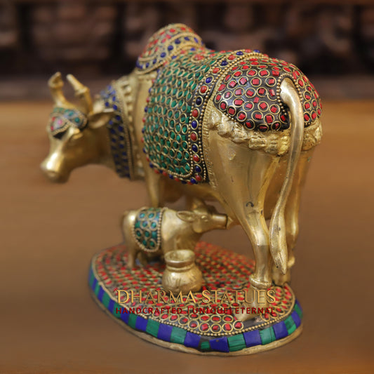 Brass Cow With Calf Standing on Base, Golden Finish & Stonework, 7"