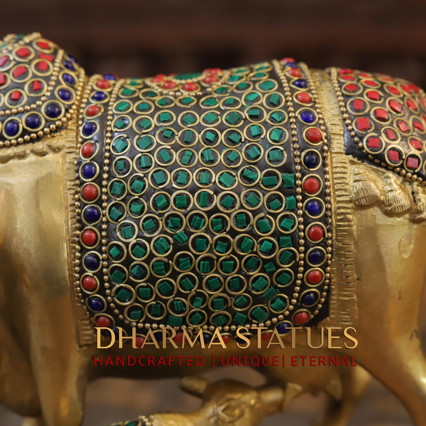 Brass Cow With Calf Standing on Base, Golden Finish & Stonework, 7"