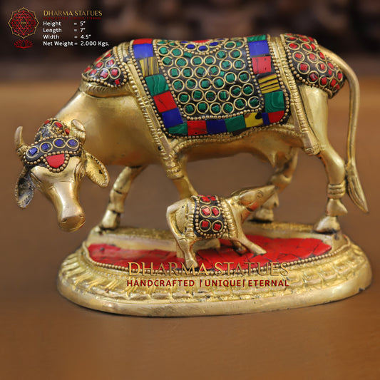 Brass Cow With Calf Standing on Base, Golden Finish & Stonework, 5"