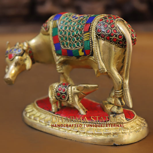 Brass Cow With Calf Standing on Base, Golden Finish & Stonework, 5"