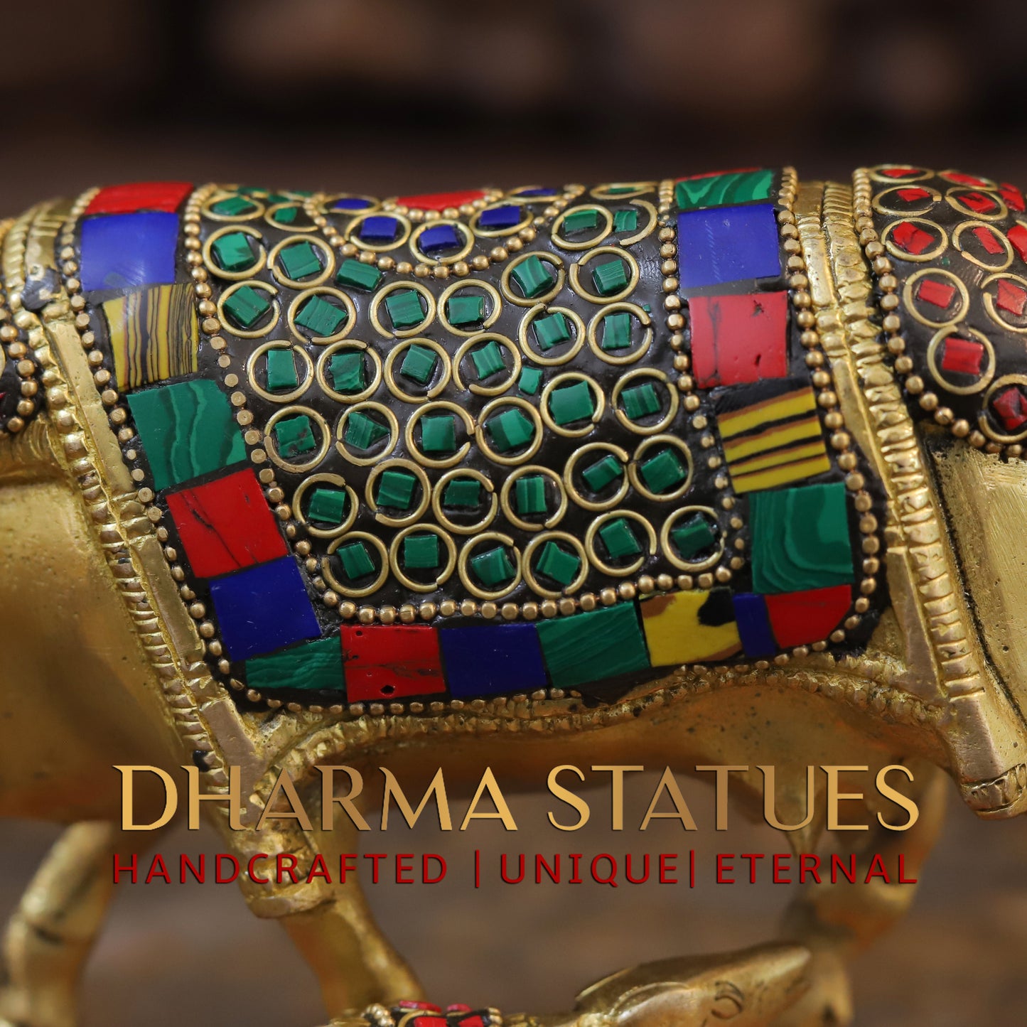 Brass Cow With Calf Standing on Base, Golden Finish & Stonework, 5"