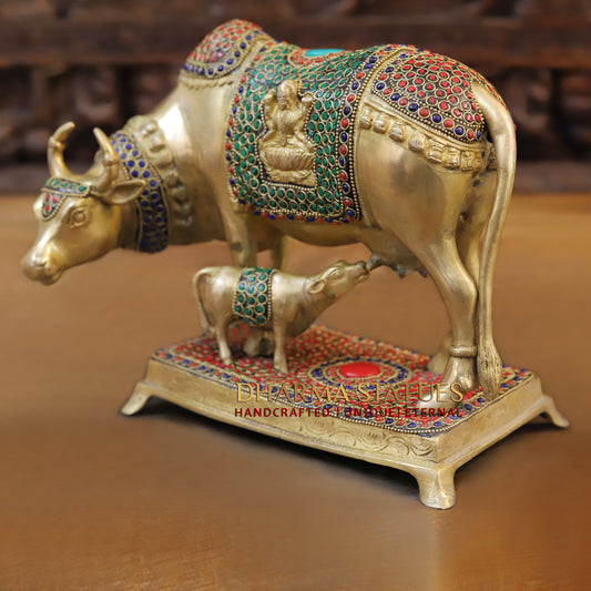 Brass Cow With Calf Standing on Base, Lakshmi Ji Engraved, Golden Finish & Stonework, 8"
