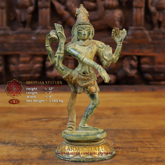 Brass Natraj Statue, Dancing Shiva, Green Patina Finish 12" Front View